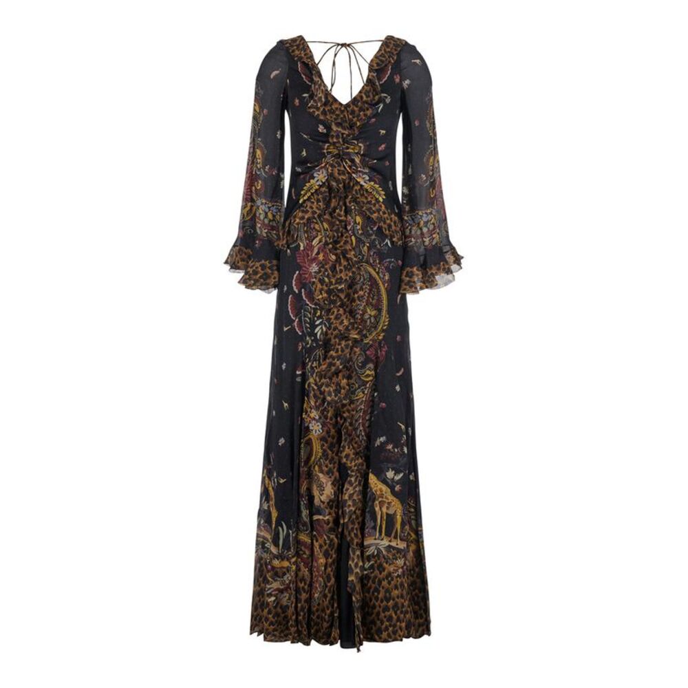 Etro Women Brown Long Dress With V-Neck And Ruffled Sleeves In Tech Fabric Women